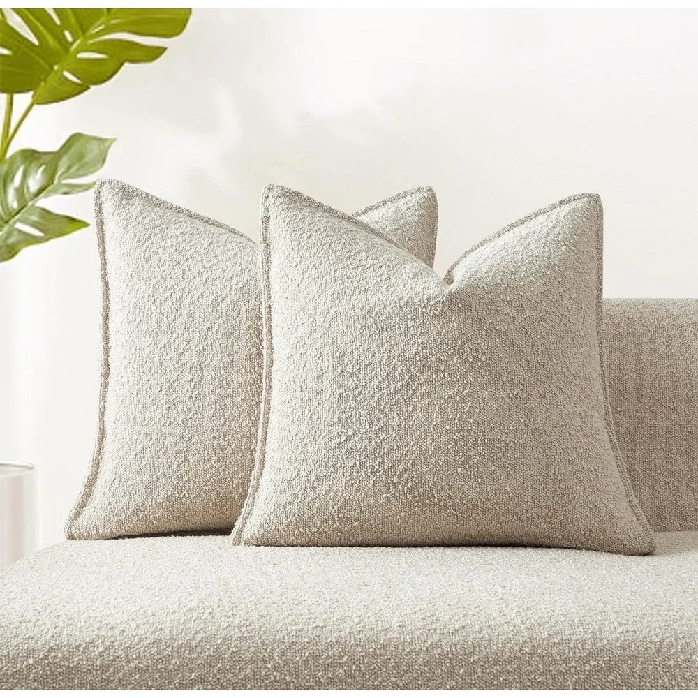 Boucle Throw Pillow Covers Set (2) Beige 26x26 Textured Cushion Hidden Zip NEW